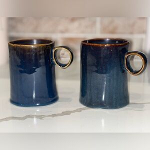 2 World Market Indigo Organic Reactive Glaze Mugs Blue Glaze Brown Accent
